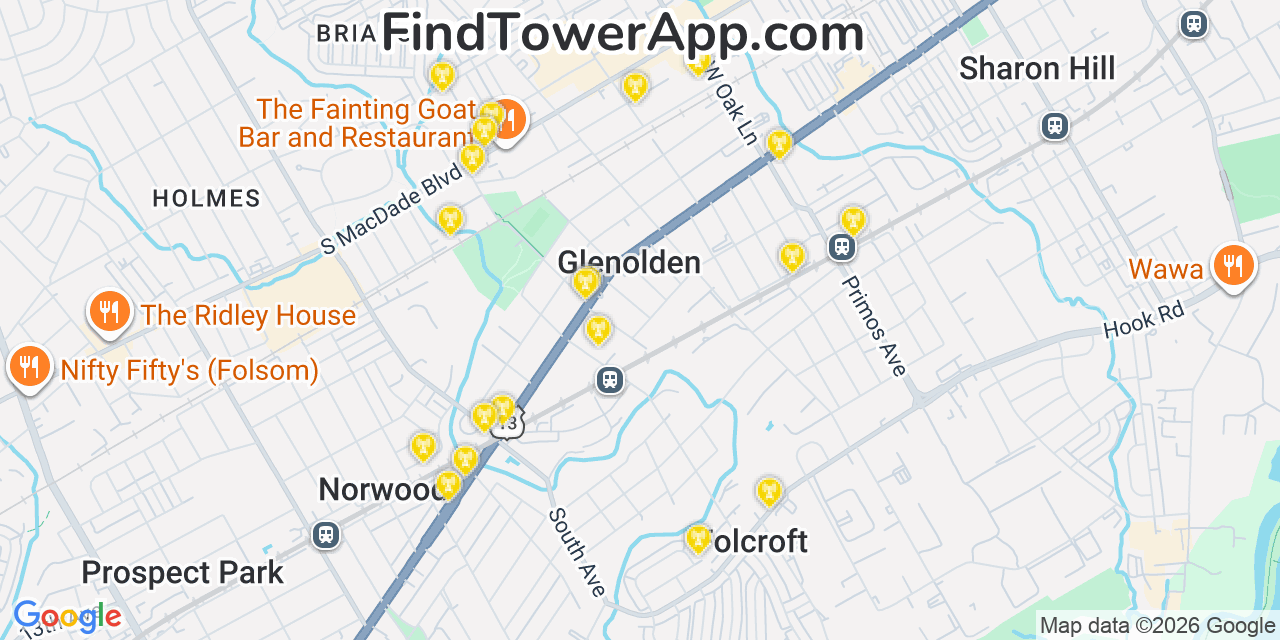 Map showing the 20 primary cell tower locations detected in Glenolden, Pennsylvania from AT&T, Verizon, and T-Mobile networks