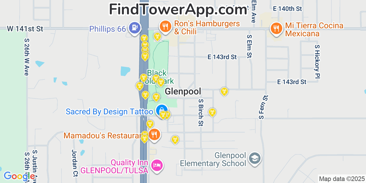 Map showing the 20 primary cell tower locations detected in Glenpool, Oklahoma from AT&T, Verizon, and T-Mobile networks