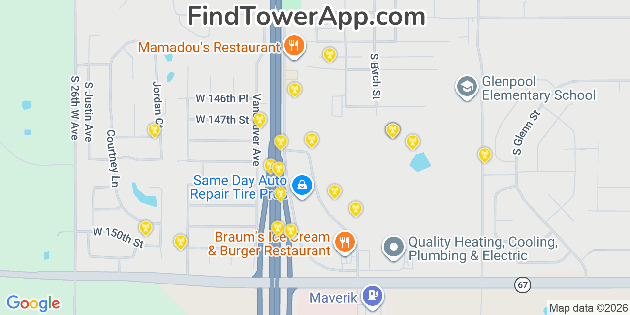 Map showing the 20 primary cell tower locations detected in Glenpool, Oklahoma from AT&T, Verizon, and T-Mobile networks