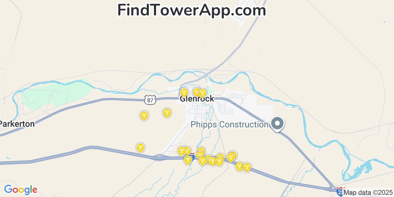 Map showing the 20 primary cell tower locations detected in Glenrock, Wyoming from AT&T, Verizon, and T-Mobile networks
