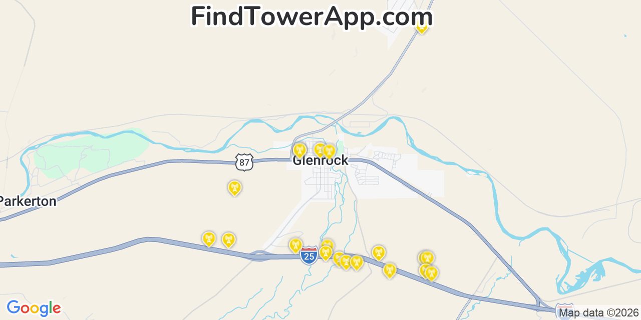 Map showing the 20 primary cell tower locations detected in Glenrock, Wyoming from AT&T, Verizon, and T-Mobile networks