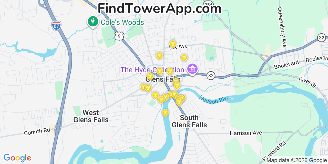 Map showing the 20 primary cell tower locations detected in Glens Falls, New York from AT&T, Verizon, and T-Mobile networks