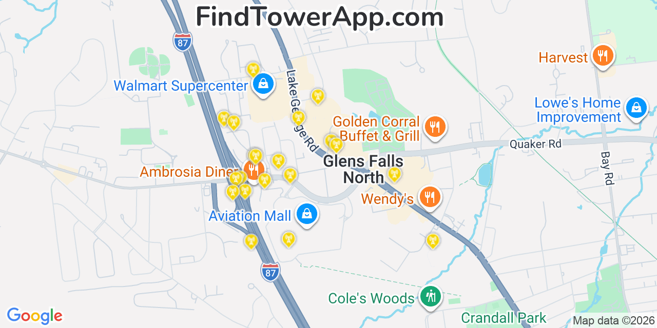 Map showing the 20 primary cell tower locations detected in Glens Falls North, New York from AT&T, Verizon, and T-Mobile networks