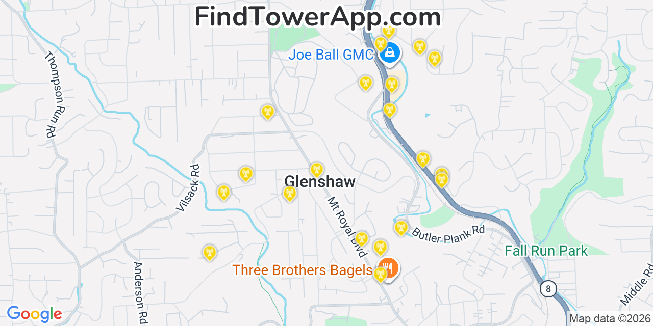 Map showing the 20 primary cell tower locations detected in Glenshaw, Pennsylvania from AT&T, Verizon, and T-Mobile networks
