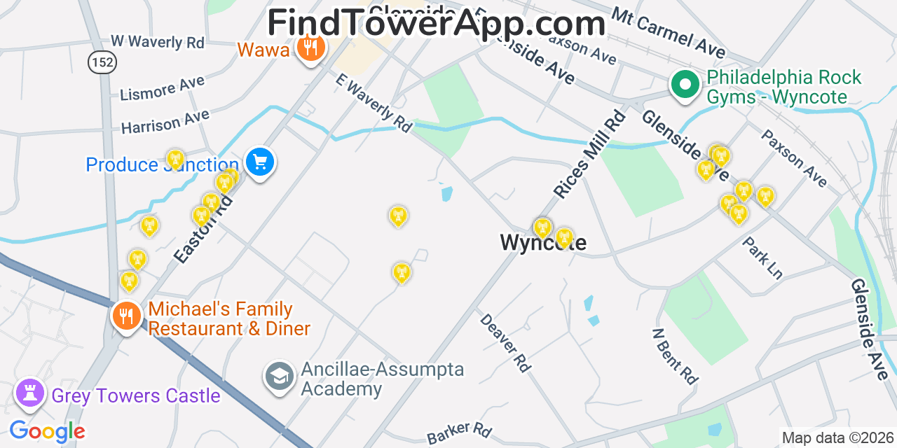 Map showing the 20 primary cell tower locations detected in Glenside, Pennsylvania from AT&T, Verizon, and T-Mobile networks