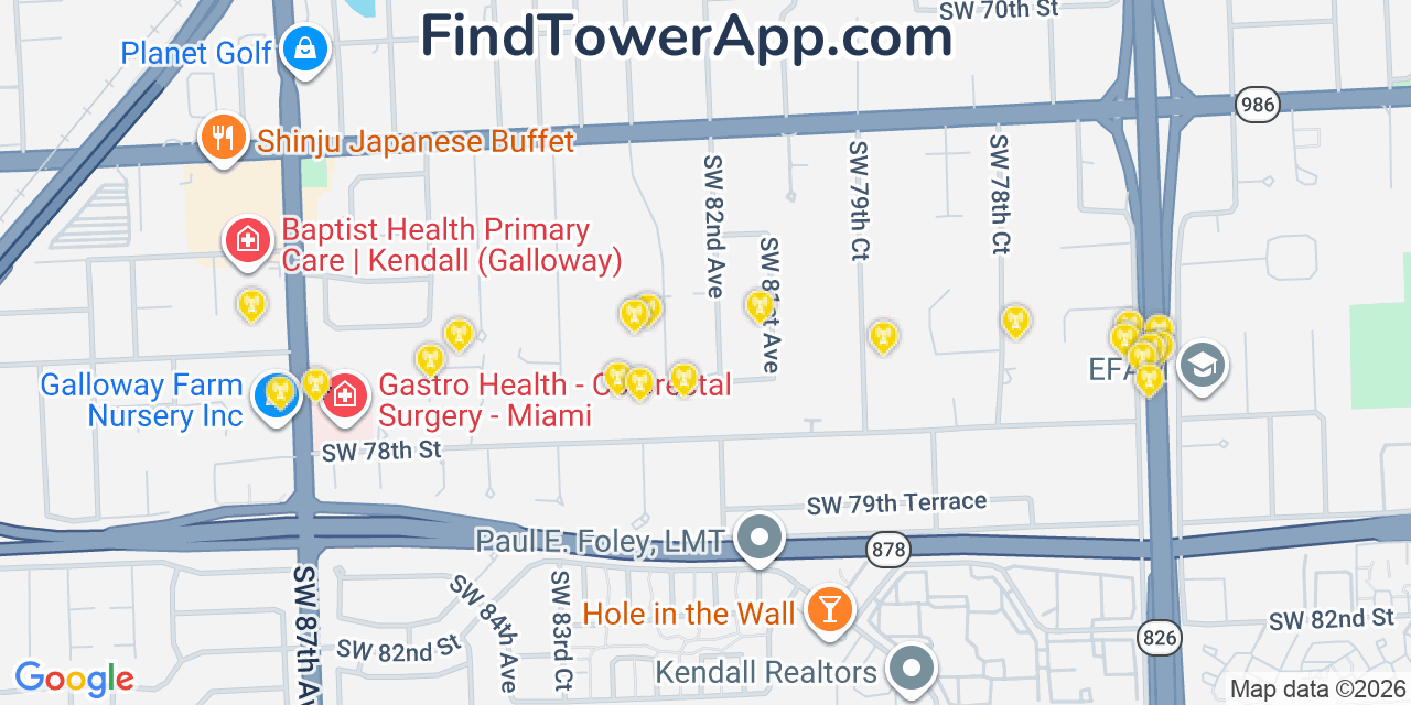Map showing the 20 primary cell tower locations detected in Glenvar Heights, Florida from AT&T, Verizon, and T-Mobile networks