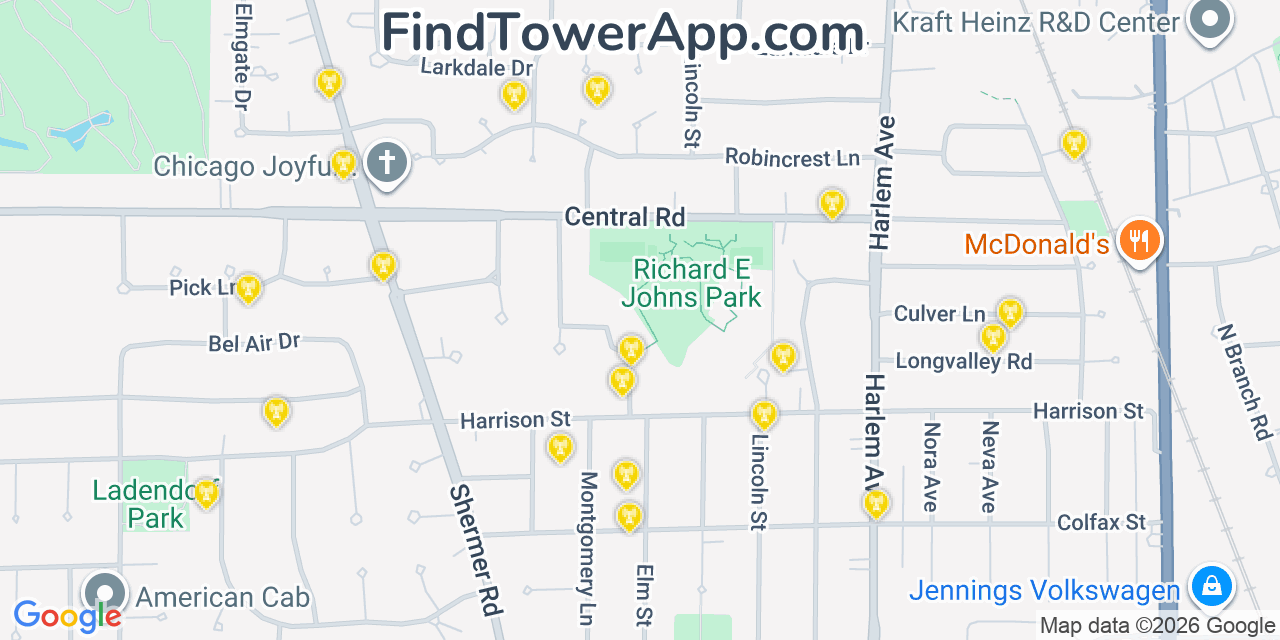 Map showing the 20 primary cell tower locations detected in Glenview, Illinois from AT&T, Verizon, and T-Mobile networks