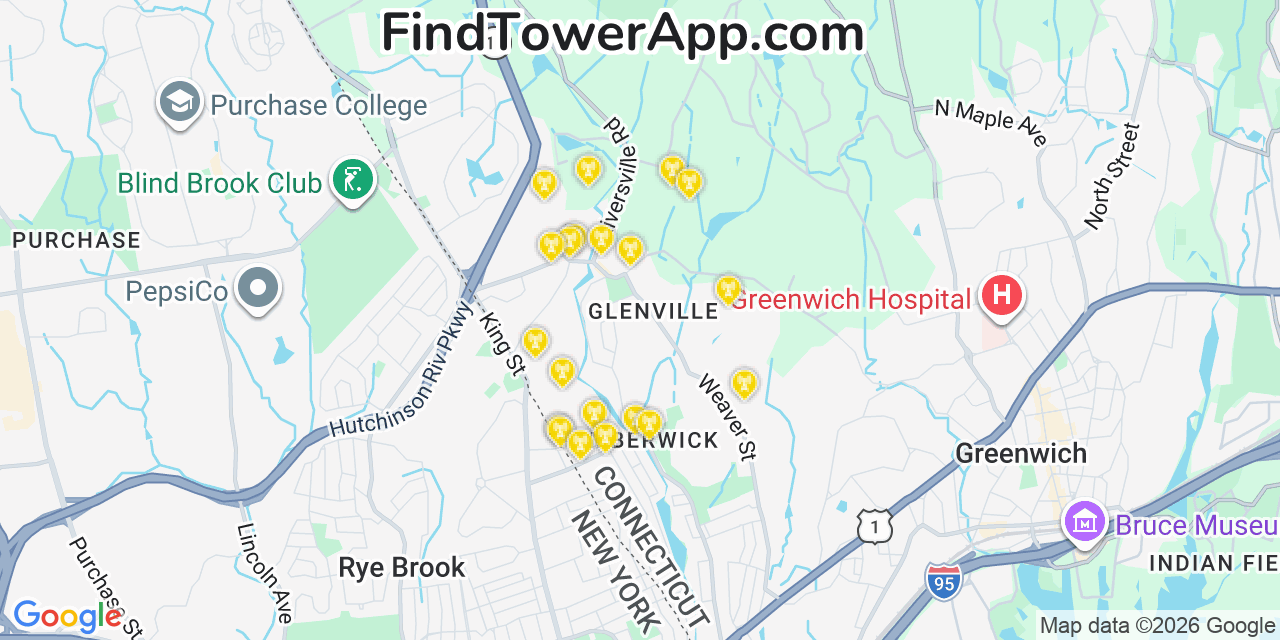 Map showing the 20 primary cell tower locations detected in Glenville, Connecticut from AT&T, Verizon, and T-Mobile networks