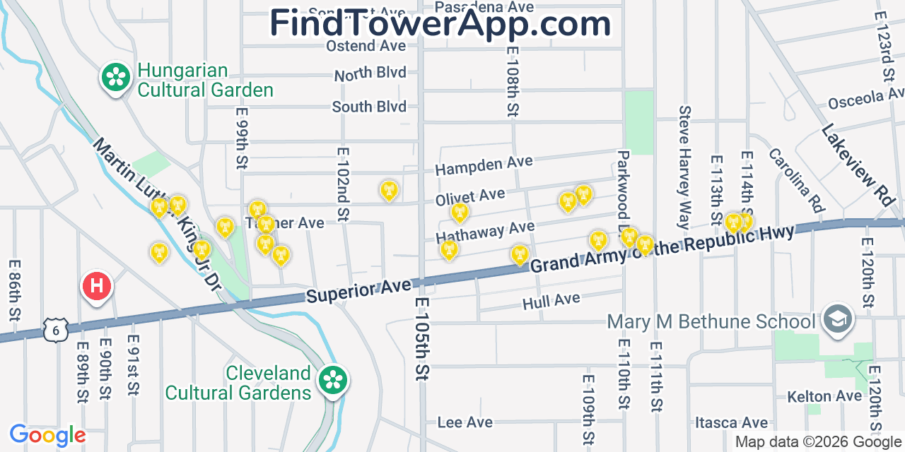Map showing the 20 primary cell tower locations detected in Glenville, Ohio from AT&T, Verizon, and T-Mobile networks