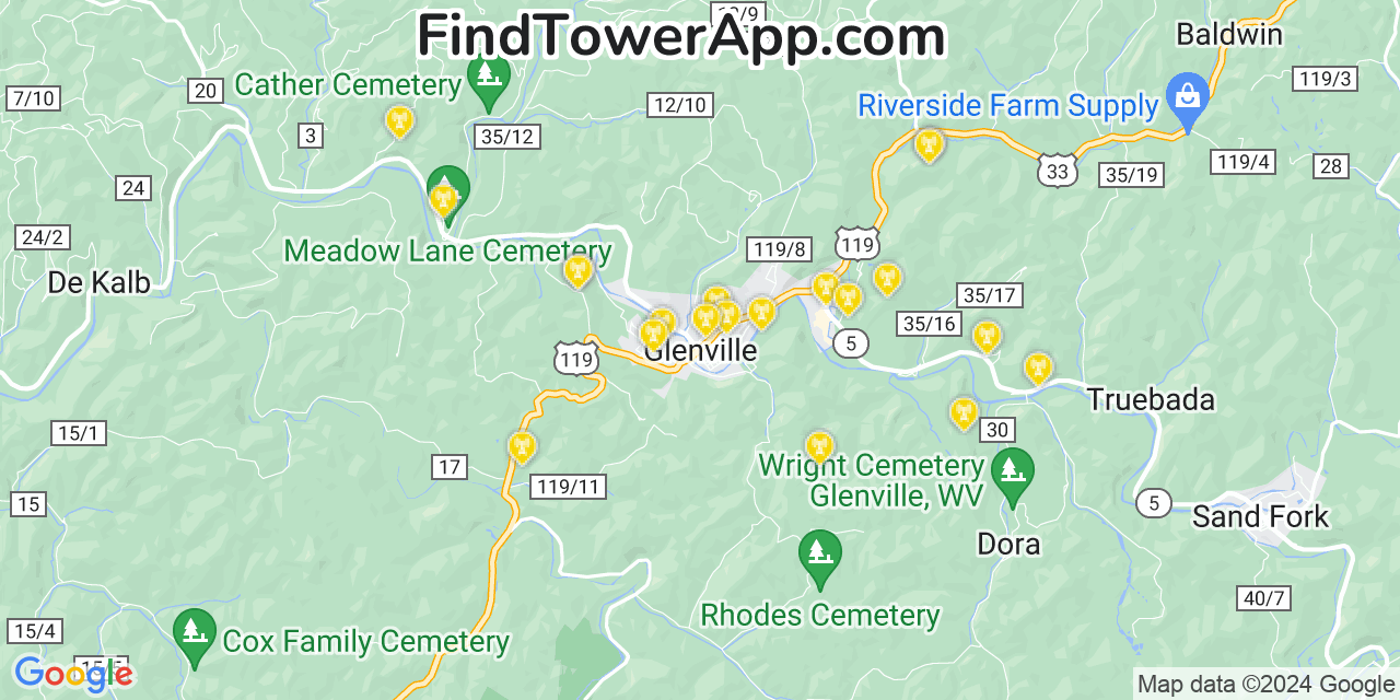 AT&T 4G/5G cell tower coverage map Glenville, West Virginia