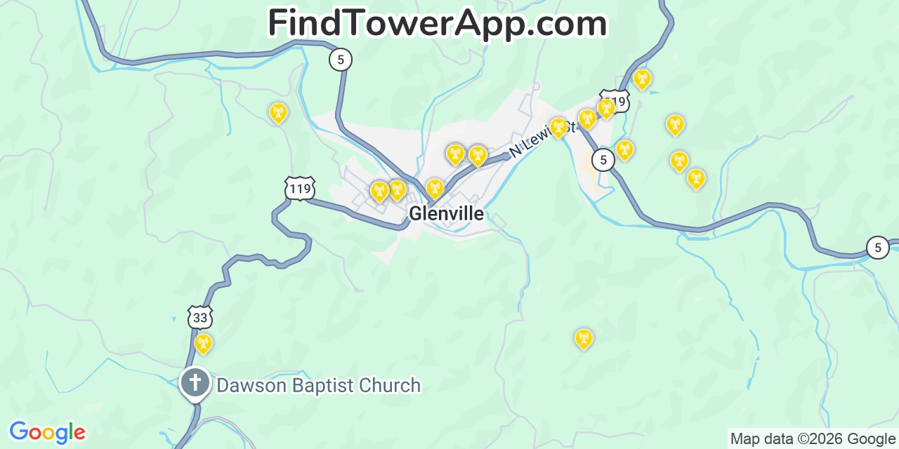 Map showing the 20 primary cell tower locations detected in Glenville, West Virginia from AT&T, Verizon, and T-Mobile networks