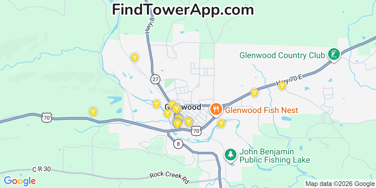 Map showing the 20 primary cell tower locations detected in Glenwood, Arkansas from AT&T, Verizon, and T-Mobile networks
