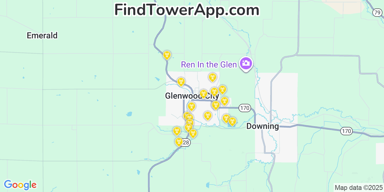 Map showing the 20 primary cell tower locations detected in Glenwood City, Wisconsin from AT&T, Verizon, and T-Mobile networks