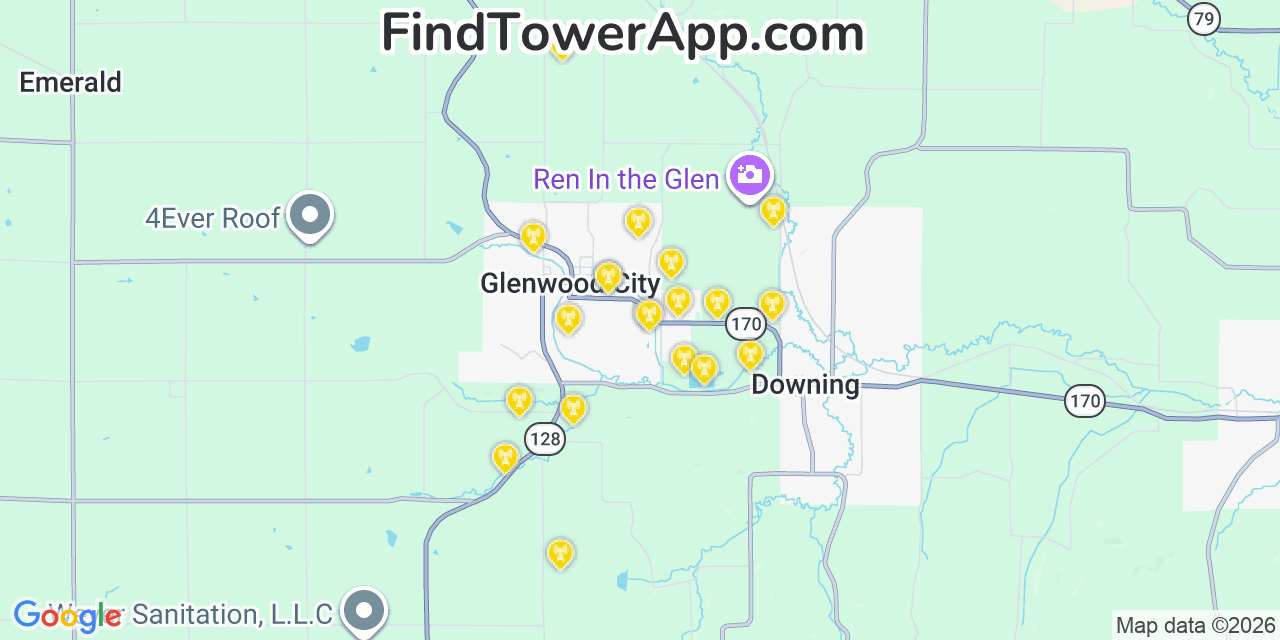 Map showing the 20 primary cell tower locations detected in Glenwood City, Wisconsin from AT&T, Verizon, and T-Mobile networks