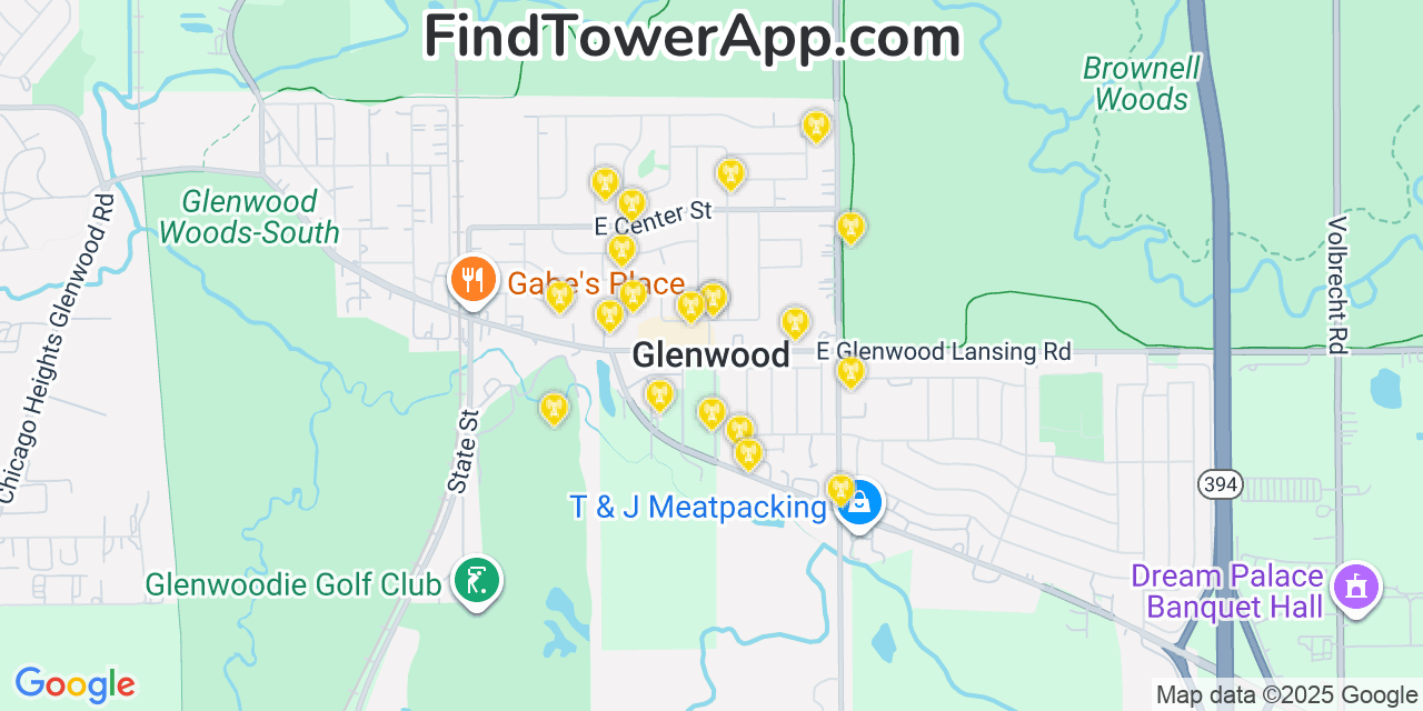Map showing the 20 primary cell tower locations detected in Glenwood, Illinois from AT&T, Verizon, and T-Mobile networks