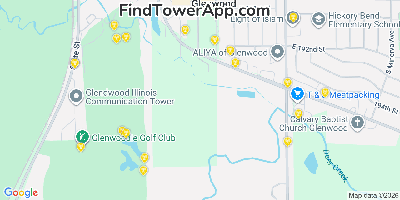 Map showing the 20 primary cell tower locations detected in Glenwood, Illinois from AT&T, Verizon, and T-Mobile networks