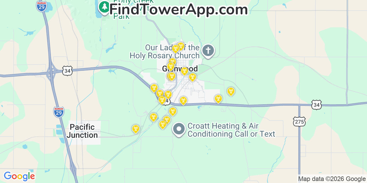 Map showing the 20 primary cell tower locations detected in Glenwood, Iowa from AT&T, Verizon, and T-Mobile networks