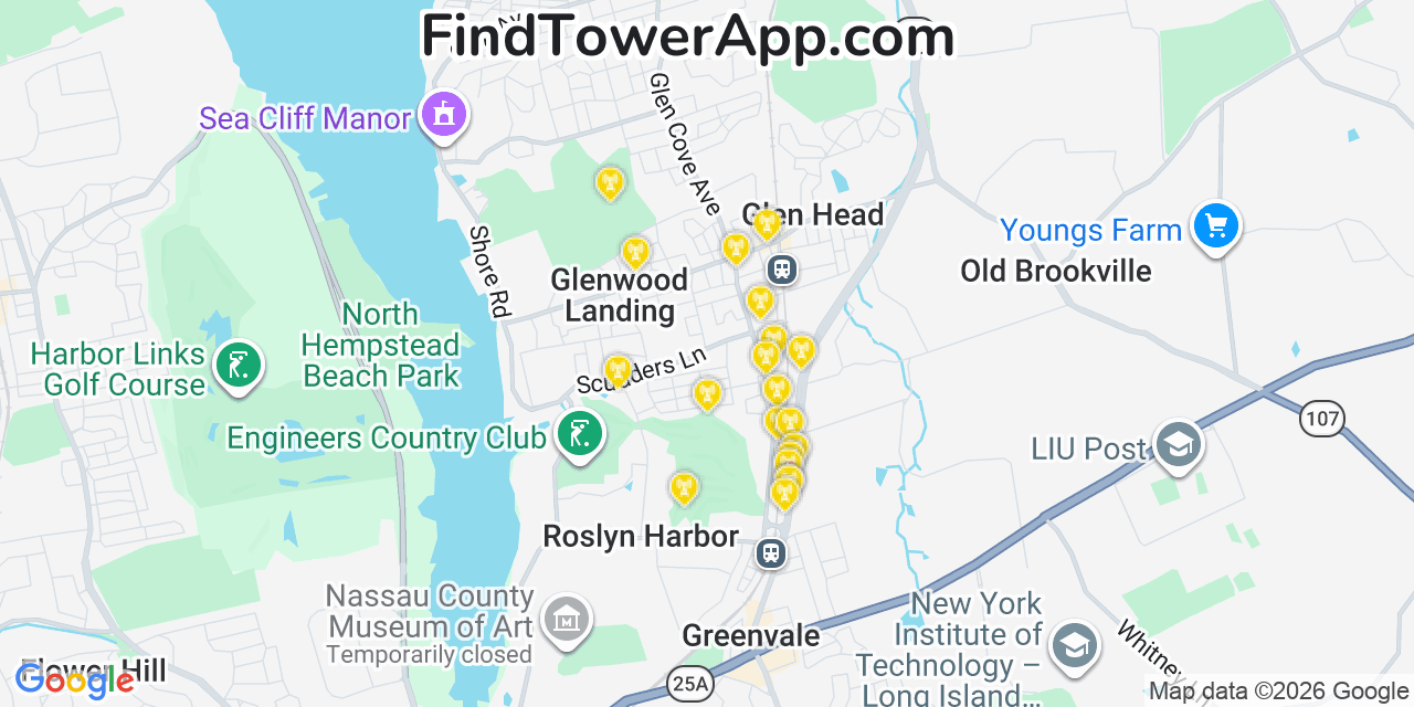 Map showing the 20 primary cell tower locations detected in Glenwood Landing, New York from AT&T, Verizon, and T-Mobile networks