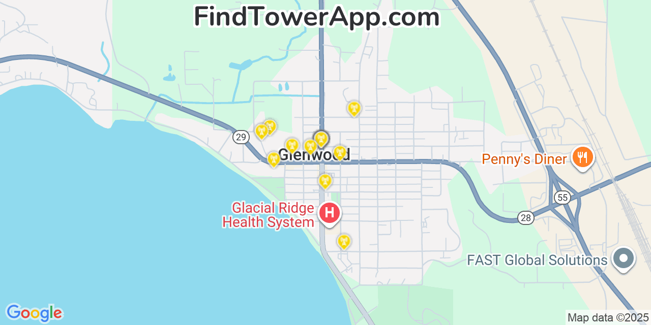 Map showing the 20 primary cell tower locations detected in Glenwood, Minnesota from AT&T, Verizon, and T-Mobile networks