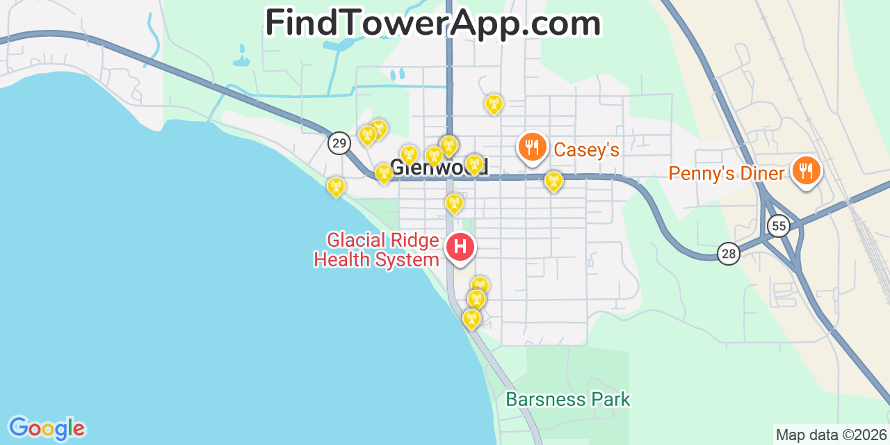 Map showing the 20 primary cell tower locations detected in Glenwood, Minnesota from AT&T, Verizon, and T-Mobile networks