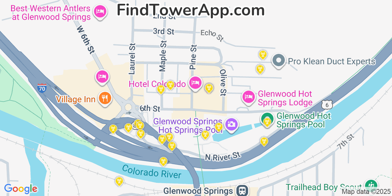 Map showing the 20 primary cell tower locations detected in Glenwood Springs, Colorado from AT&T, Verizon, and T-Mobile networks