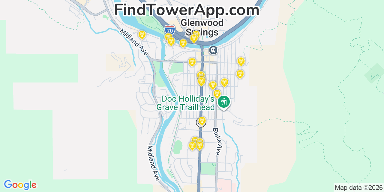 Map showing the 20 primary cell tower locations detected in Glenwood Springs, Colorado from AT&T, Verizon, and T-Mobile networks