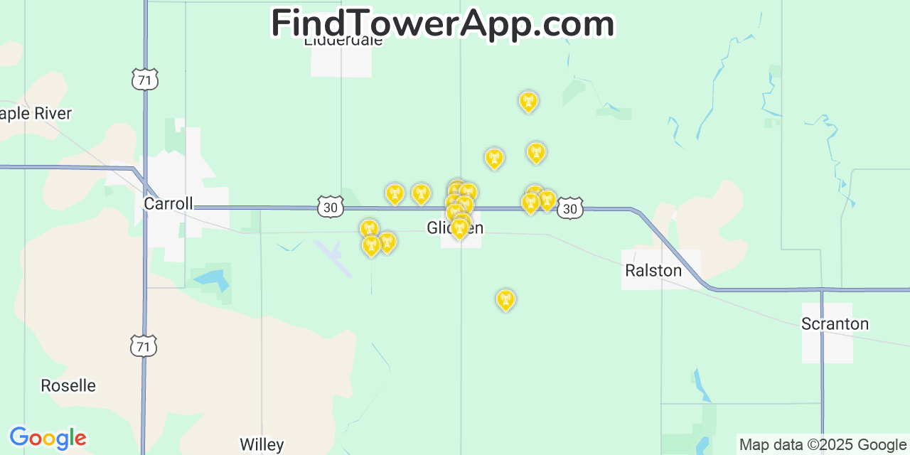 Map showing the 20 primary cell tower locations detected in Glidden, Iowa from AT&T, Verizon, and T-Mobile networks
