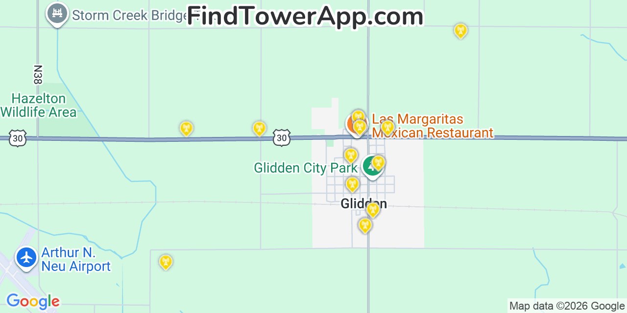 Map showing the 20 primary cell tower locations detected in Glidden, Iowa from AT&T, Verizon, and T-Mobile networks