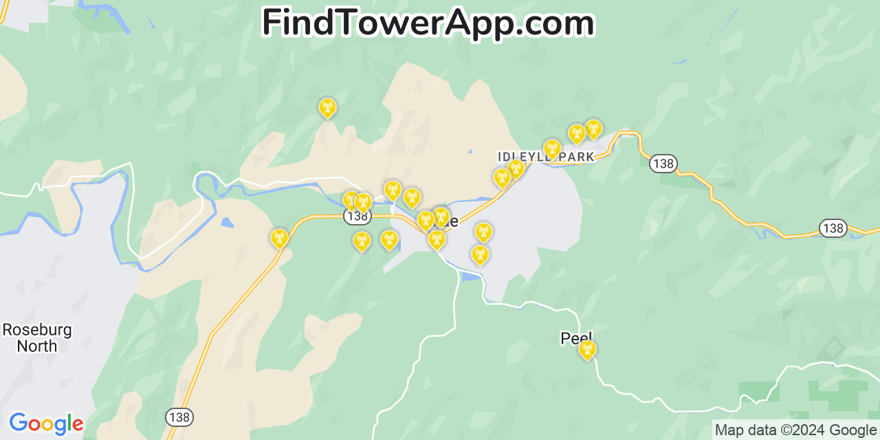 AT&T 4G/5G cell tower coverage map Glide, Oregon