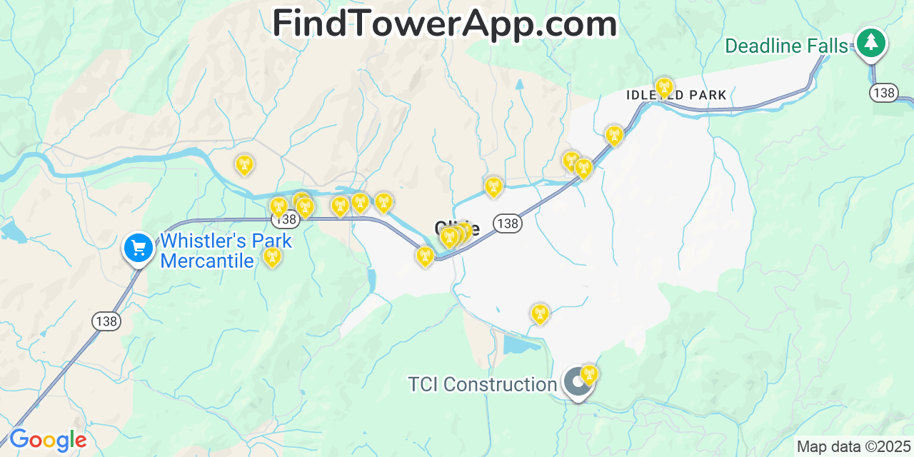Map showing the 20 primary cell tower locations detected in Glide, Oregon from AT&T, Verizon, and T-Mobile networks