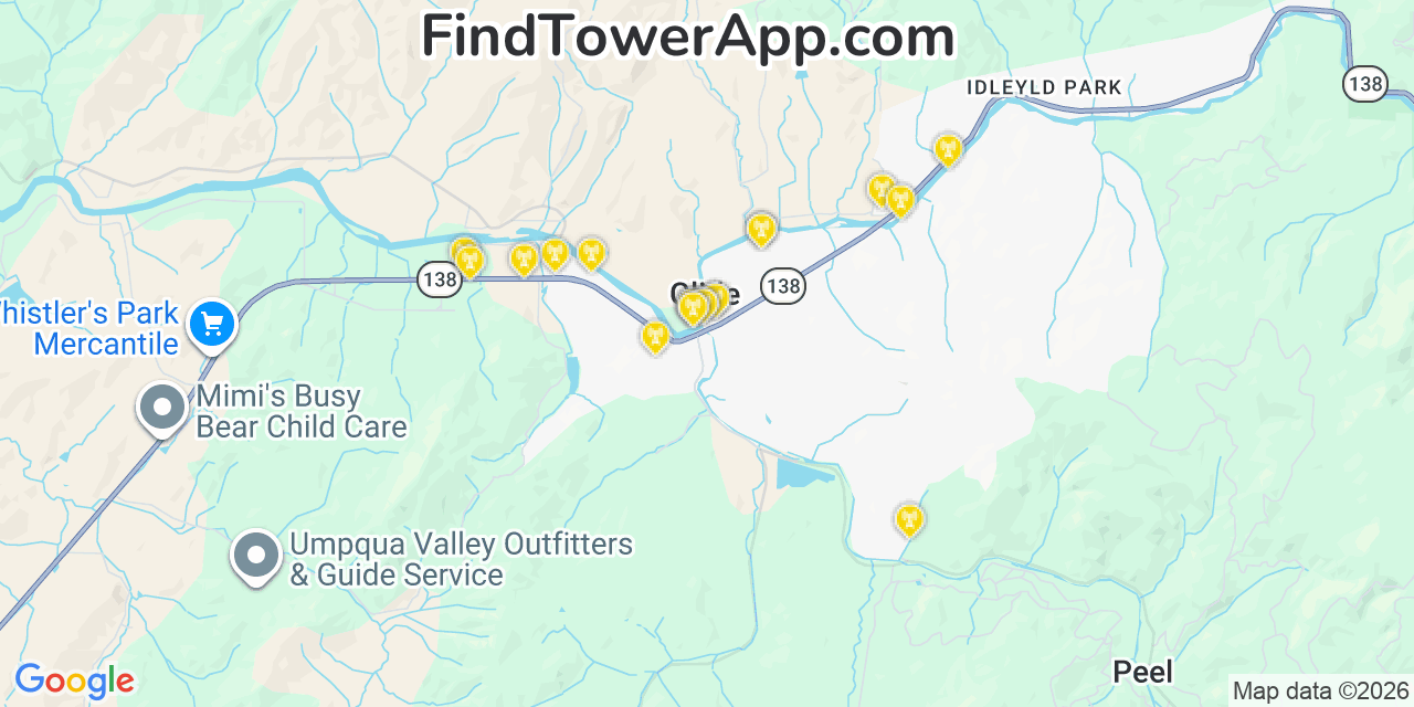 Map showing the 20 primary cell tower locations detected in Glide, Oregon from AT&T, Verizon, and T-Mobile networks
