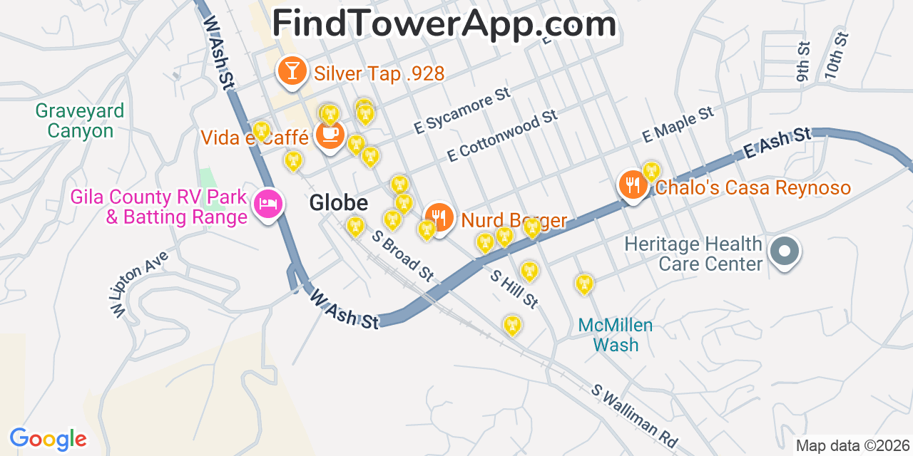 Map showing the 20 primary cell tower locations detected in Globe, Arizona from AT&T, Verizon, and T-Mobile networks