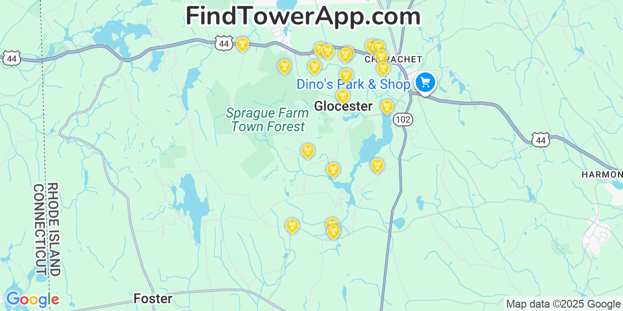 Map showing the 20 primary cell tower locations detected in Glocester, Rhode Island from AT&T, Verizon, and T-Mobile networks