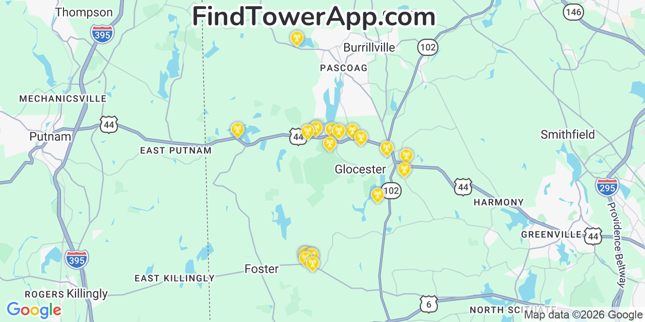 Map showing the 20 primary cell tower locations detected in Glocester, Rhode Island from AT&T, Verizon, and T-Mobile networks