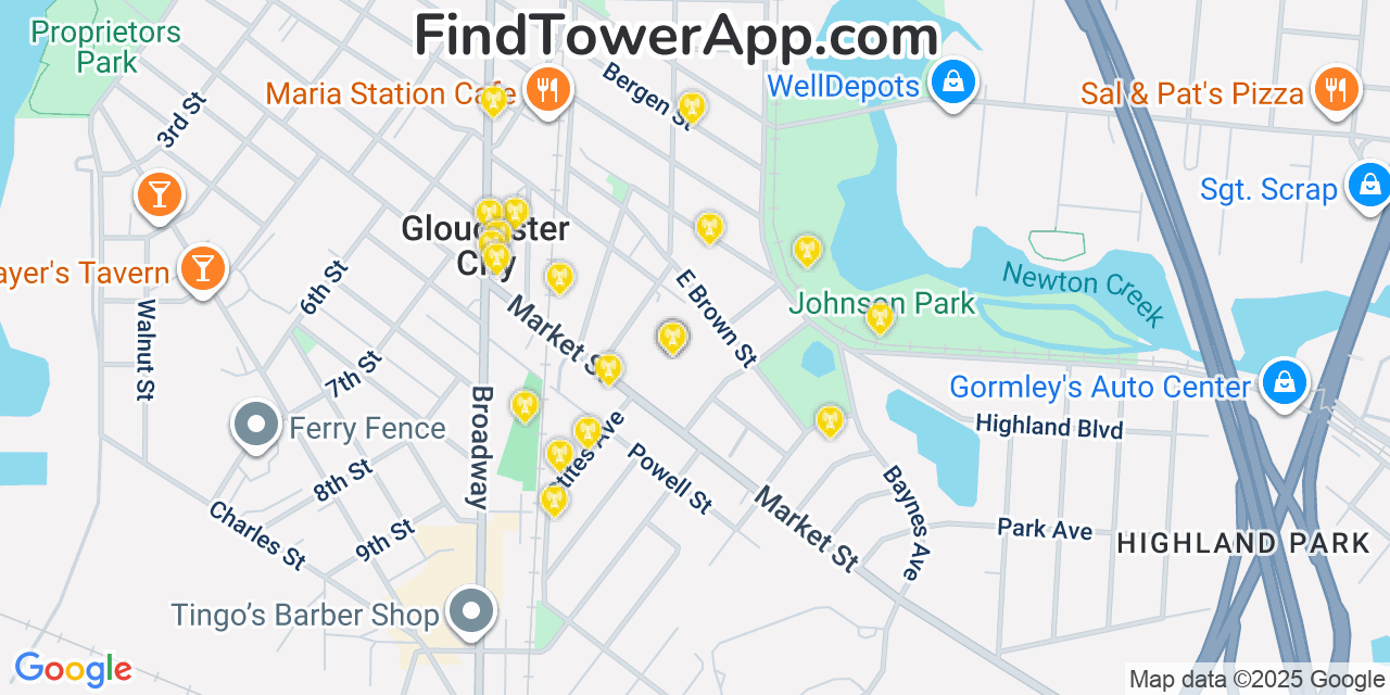 Map showing the 20 primary cell tower locations detected in Gloucester City, New Jersey from AT&T, Verizon, and T-Mobile networks