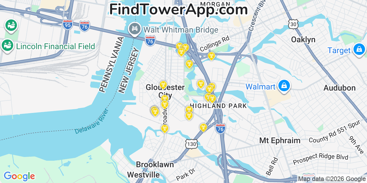 Map showing the 20 primary cell tower locations detected in Gloucester City, New Jersey from AT&T, Verizon, and T-Mobile networks
