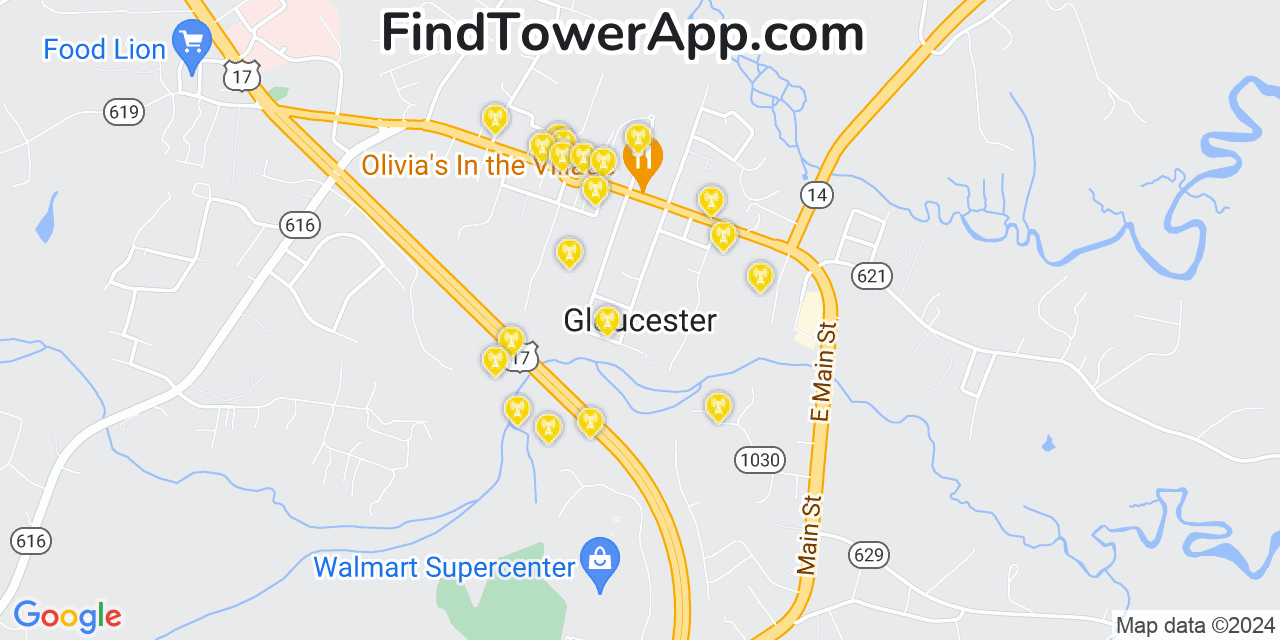 AT&T 4G/5G cell tower coverage map Gloucester Courthouse, Virginia