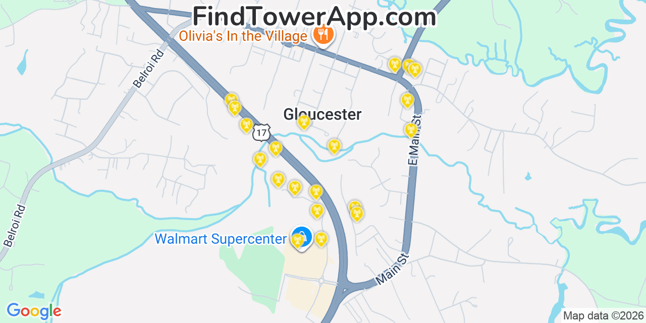 Map showing the 20 primary cell tower locations detected in Gloucester Courthouse, Virginia from AT&T, Verizon, and T-Mobile networks