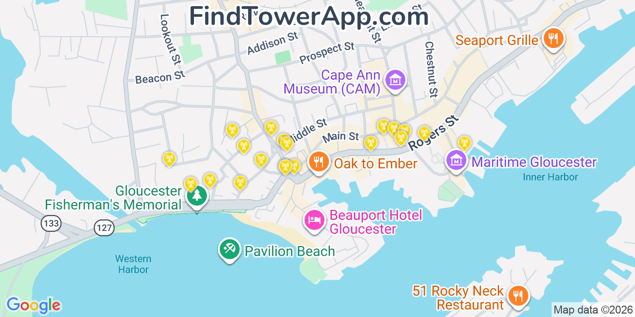 Map showing the 20 primary cell tower locations detected in Gloucester, Massachusetts from AT&T, Verizon, and T-Mobile networks