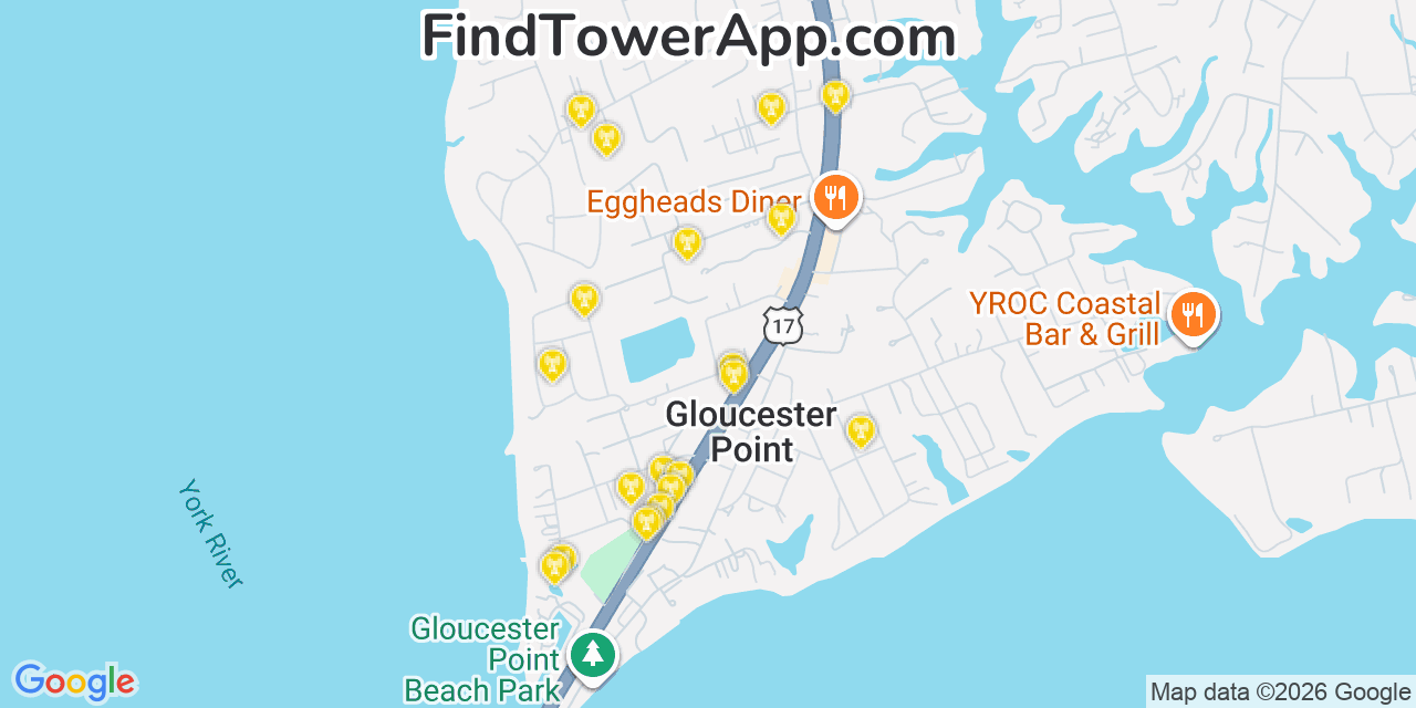 Map showing the 20 primary cell tower locations detected in Gloucester Point, Virginia from AT&T, Verizon, and T-Mobile networks