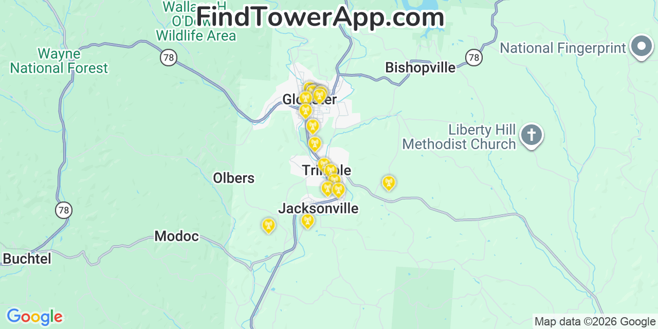 Map showing the 20 primary cell tower locations detected in Glouster, Ohio from AT&T, Verizon, and T-Mobile networks
