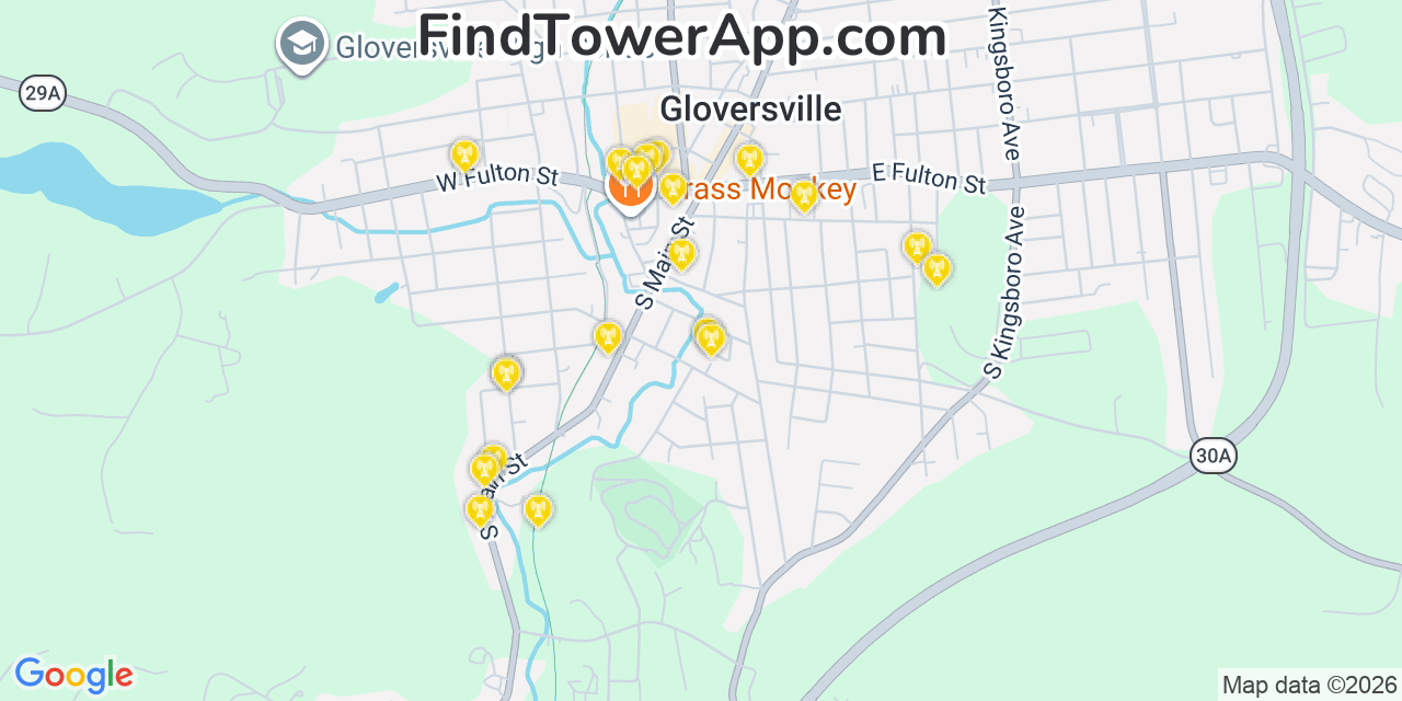 Map showing the 20 primary cell tower locations detected in Gloversville, New York from AT&T, Verizon, and T-Mobile networks