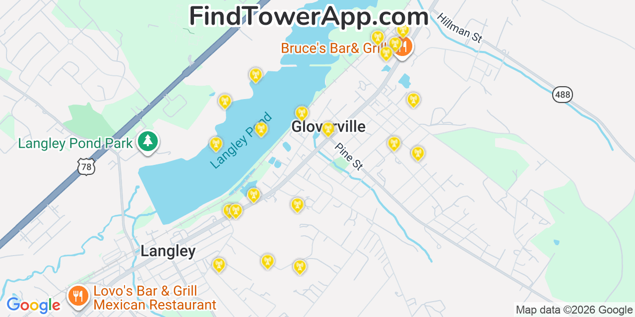 Map showing the 20 primary cell tower locations detected in Gloverville, South Carolina from AT&T, Verizon, and T-Mobile networks