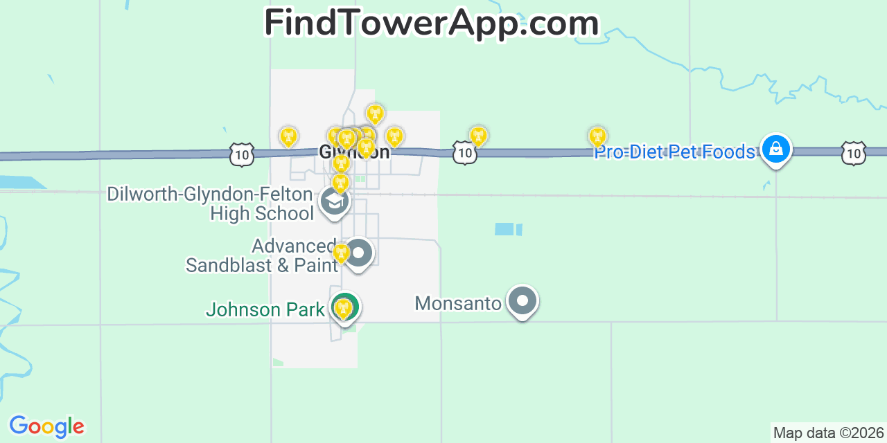 Map showing the 20 primary cell tower locations detected in Glyndon, Minnesota from AT&T, Verizon, and T-Mobile networks
