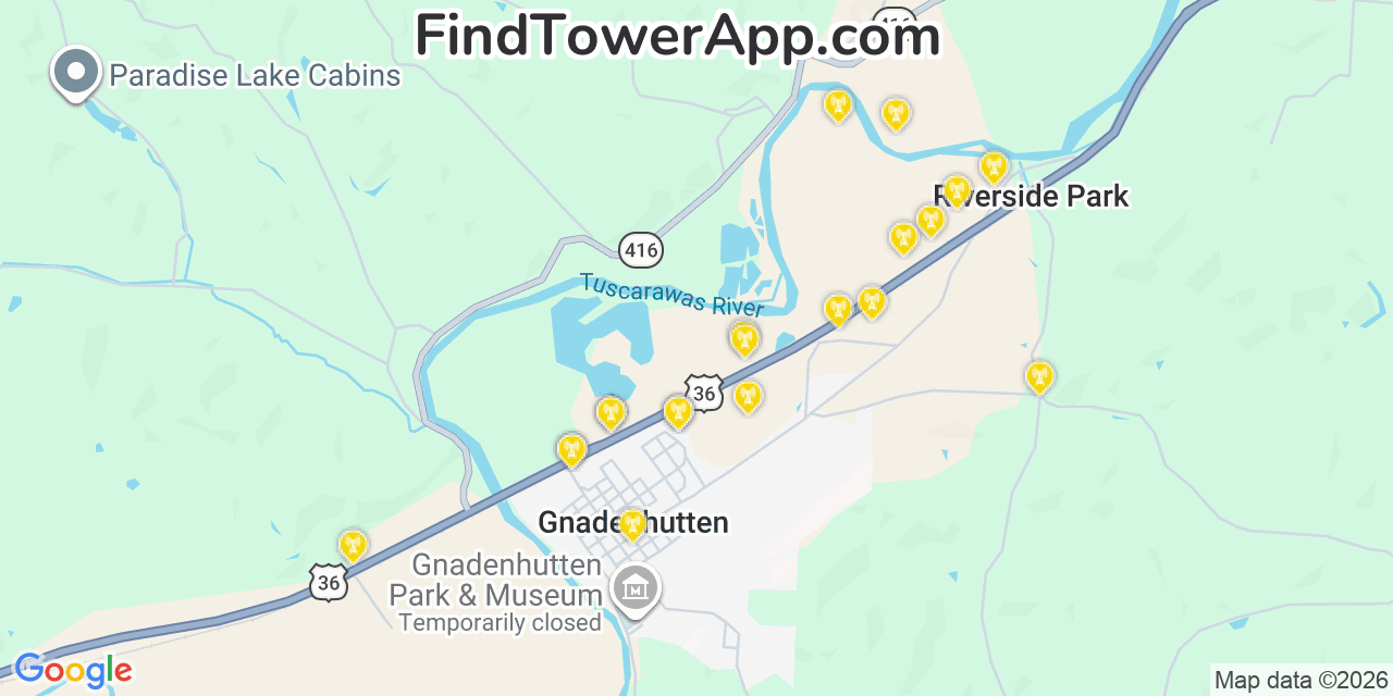 Map showing the 20 primary cell tower locations detected in Gnadenhutten, Ohio from AT&T, Verizon, and T-Mobile networks