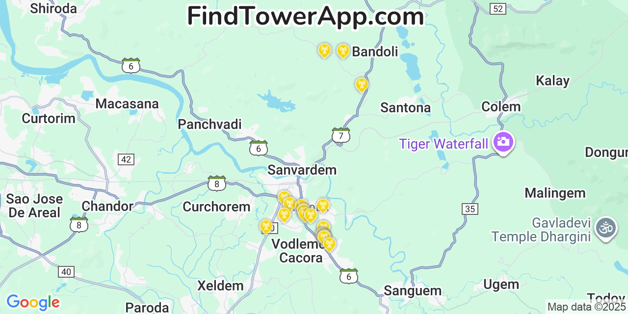 Map showing the 20 primary cell tower locations detected in Goa, India with coverage areas and signal strength