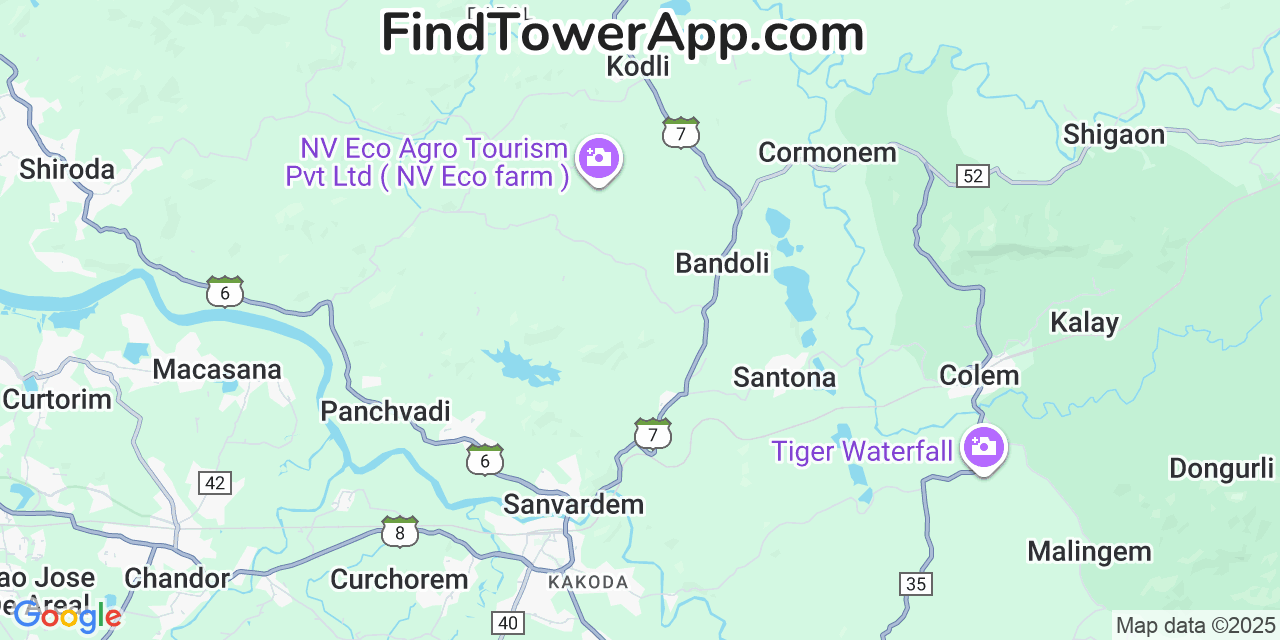 Map showing the 0 primary Punjab cell tower locations detected in Goa, India with coverage radius and signal strength indicators