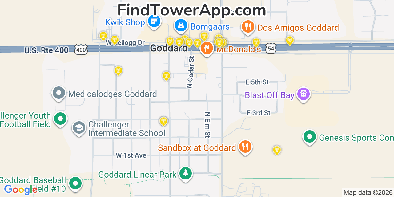 Map showing the 20 primary cell tower locations detected in Goddard, Kansas from AT&T, Verizon, and T-Mobile networks