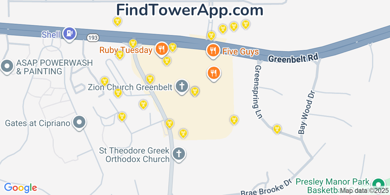 Map showing the 20 primary cell tower locations detected in Goddard, Maryland from AT&T, Verizon, and T-Mobile networks