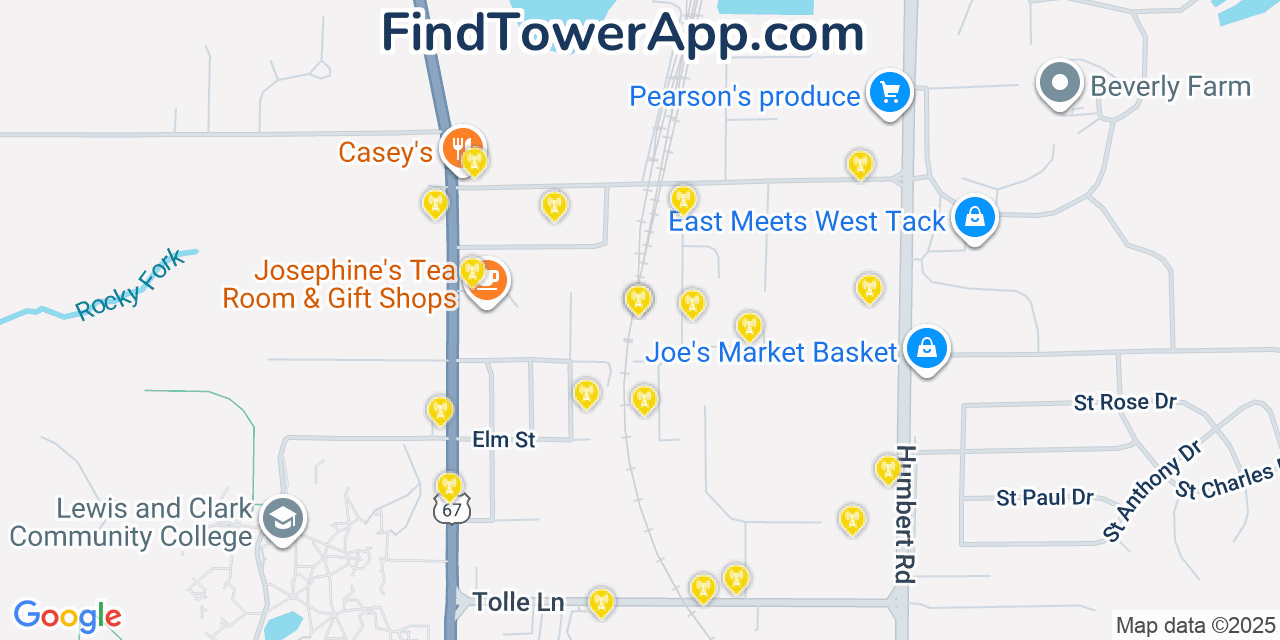 Map showing the 20 primary cell tower locations detected in Godfrey, Illinois from AT&T, Verizon, and T-Mobile networks